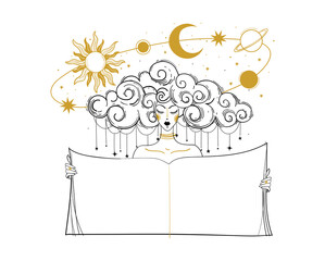 Wall Mural - Mystical vintage illustration, a girl with the universe above her head holds an open book with copy space for text, space background for horoscope, astrology, tarot. Vector