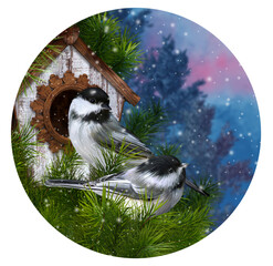 New year christmas festive background, two white little tit birds sit near a birdhouse, feeders on a green spruce branch, snowfall, evening lighting, 3d rendering, circle, round shape