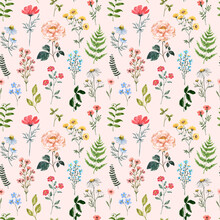 Summer Blooming Meadow Seamless Pattern On Pastel Pink Background. Watercolor Hand Painted Pretty Yellow, Pink, Orange And Blue Wildflowers. Cute Botanical Print. Nursery Wallpaper.