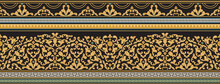 Vector Seamless Gold Border Print On A Black Background. Greek Meander Frieze, Baroque Golden Flower Scrolls, Classical Carved Frieze. Scarf, Shawl, Rug Carpet. 5 Pattern Brushes In The Brush Palette