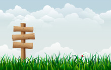 Seamless Summer Horizontal Countryside Landscape With Wooden Sign In Green Grass. Cartoon Style Illustration Of Guidepost On Field. Signpost On Spring Meadow. Nature Banner, Background For Game Design