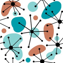 Seamless Hand Drawn Mid Century Modern Pattern In Beige Blue Turquoise Black White Colors. Retro Vintage 50s 60 Atomic Age Mcm Pattern With Abstract Geometric Round Oval Shapes For Textile Wallpaper.