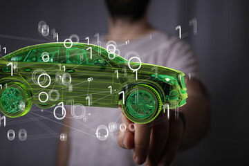 Aufkleber - Man holding and touching holographic smart car