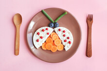 Funny Kids Breakfast, Healthy And Tasty Food, Ladybug Made Of Vegetables, Berries And Wholegrain Crispbread