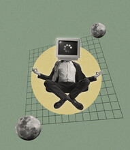 Contemporary Art Collage. Man, Businessman In Suit Headed With Retro Computer Sitting In Yoga Lotus Pose Isolated Over Abstract Background