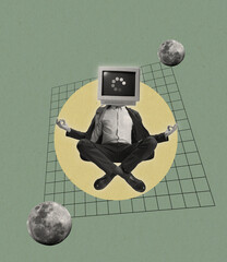Contemporary art collage. Man, businessman in suit headed with retro computer sitting in yoga lotus pose isolated over abstract background