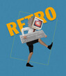 © master1305 - Contemporary art collage of man with retro computer, pc instead head running isolated over green background. 80s, 90s style