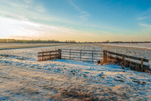 Closed Iron Gate In A Wintery Polder Landscape Near The Dutch Village Of Terheijden, Province Of North Brabant. It Has Snowed. In The Foreground Is A Path With Bicycle Wheel Tracks In The Snow.