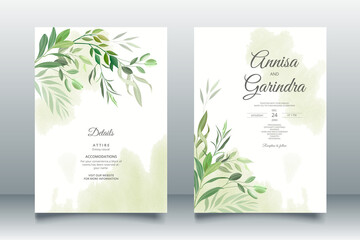 Sticker - beautiful leaves wedding invitation card template Premium Vector