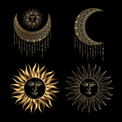 Golden crescent moon and sun , ethnic retro boho style