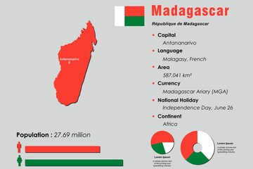 Madagascar infographic vector illustration complemented with accurate statistical data. Madagascar country information map board and Madagascar flat flag