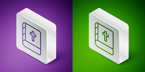 Isometric line Holy bible book icon isolated on purple and green background. Silver square button. Vector