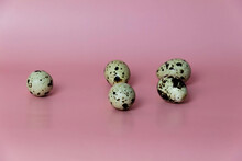 A Quail Egg Lies On A Pink Background Near The Wall.