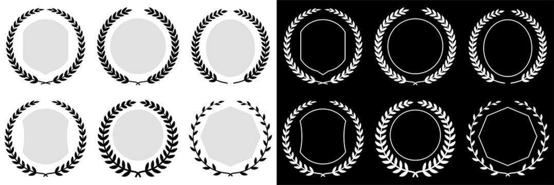 Vector wreaths and shields logos isolated on white and black