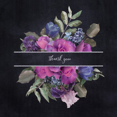 Wall Mural - Floral card with copy space. Purple roses on dark textured grange background. Bouquet of garden flowers.