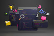 © Chaosamran_Studio - Programmer developer typing script source languages coding symbols  icon development project data programming software engineering IT technologies computer. 3d rendering.