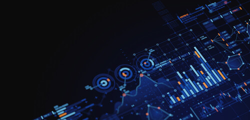 Poster - Financial data document graph chart report statistic marketing research development  planning management strategy analysis accounting. Financial business technology hologram concept. 3d rendering.