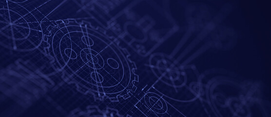 Fototapete - Blueprints engineer technician design drawing mechanical gear engineering Engine factory Industry Industrial technology project abstract presentation cover banner background. 3d rendering.