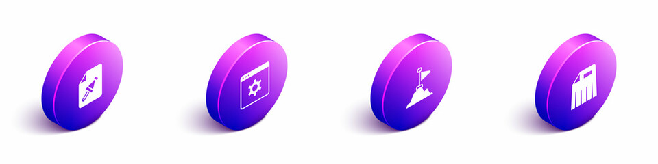 Poster - Set Isometric Note paper with push button, Browser setting, Mountains flag top and Paper shredder icon. Vector