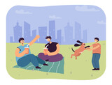 Fototapeta Sport - Happy mother, father and son having picnic in summer. Man and woman sitting on blanket, boy playing with dog flat vector illustration. Family, pets, outdoor activity concept for banner, website design
