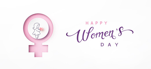 Wall Mural - Women's Day greeting card or banner with pink 3D papercut female symbol and drawing girl. Vector 8 March international holiday poster template