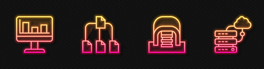 Aufkleber - Set line Hangar with servers, Monitor graph chart, Folder tree and Network cloud connection. Glowing neon icon. Vector
