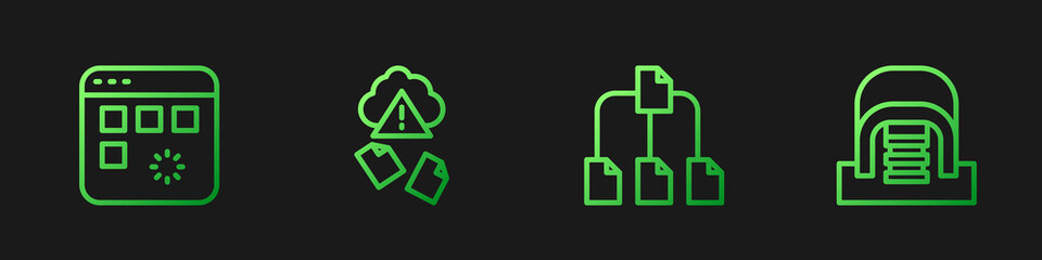 Aufkleber - Set line Folder tree, Loading data window, Cloud hacking and Hangar with servers. Gradient color icons. Vector