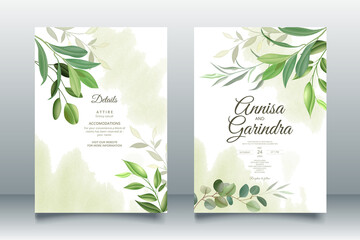 Wall Mural - beautiful leaves wedding invitation card template Premium Vector