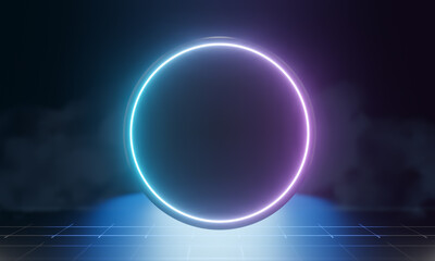 Canvas Print - Blue dark circle display background pink blue neon light perspective. 3D illustration rendering.