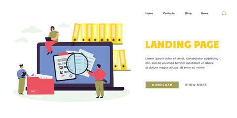 Poster - Tiny people with organized documents and laptop with files. Character searching through archive flat vector illustration. Information, database concept for banner, website design or landing web page