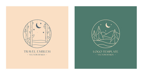 Wall Mural - vector linear boho emblems with abstract forest and mountains landscape.travel logos with trees,spru