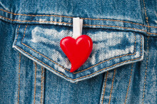 Red Heart On Jeans Jacket Pocket. Valentines Day Card