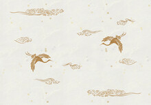 飛翔する鶴　伝統的な図案　金色の雲　和紙テクスチャ　金銀箔散らし　和風素材