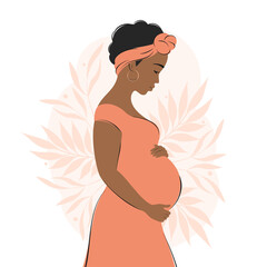 Wall Mural - Pregnant african woman, future mom, standing in nature and hugging belly with arms. Flat vector illustration.