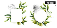 Watercolor Olive Frames With Antique Italian God Bust. Vector Illustration Of Mediterranean Berries, Green Leaves, Flowers, Buds, And Branches.