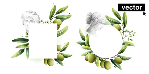 Watercolor olive frames with antique Italian god bust. Vector illustration of Mediterranean berries, green leaves, flowers, buds, and branches.