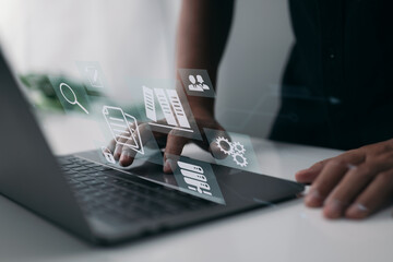 Poster - ERP is a concept for document management that has icons on a virtual screen.