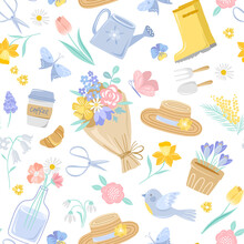 Vector Seamless Spring Pattern With Flowers, Bouquets, Plants