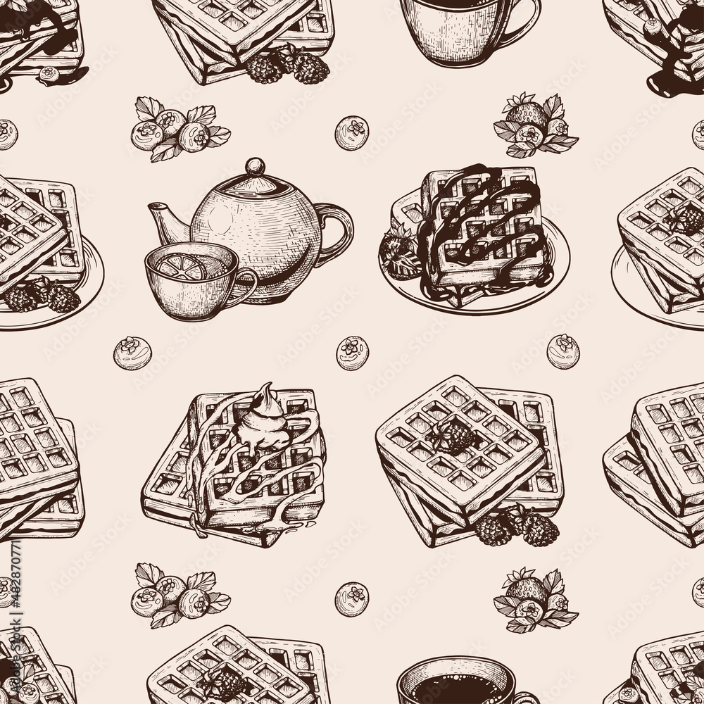 seamless pattern belgian waffles vector sketch on beige background ...