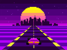 Retrowave Race Arcade Game In Pixel Art Vector Background In Retro 80s - 90s Style. 8-bit Pixel Synthwave Graphics With Night Neon City Background With Racing Track	