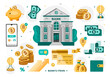 Vector set of illustrations for the bank. Credit cards, coins, icons to create a thematic composition
