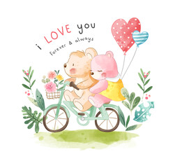 Wall Mural - Cute cartoon bear bear lover riding bicycle in the garden