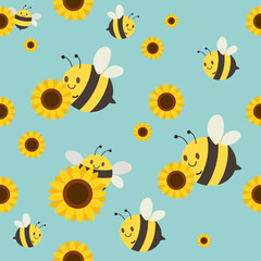 Wall Mural - The seamless pattern of cute bee and sunflower and white flower in flat vector style. Illustration about bee and sunflower for banner, sticker label and greeting card