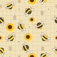 Wall Mural - The seamless pattern of cute bee and sunflower and white flower in flat vector style. Illustration about bee and sunflower for banner, sticker label and greeting card