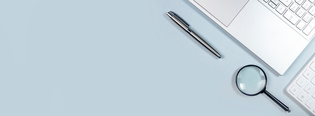 Aufkleber - Business and technology banner with laptop, calculator, magnifier and pen. Copy space.