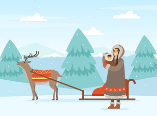 Poster - Eskimo Indigenous Woman with Kid Near Deer and Sledge Vector Illustration