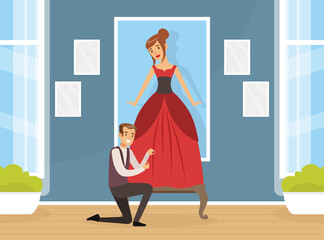 Sticker - Man Tailor or Fashion Designer Working in Atelier Studio Fitting Dress with Woman Client Vector Illustration