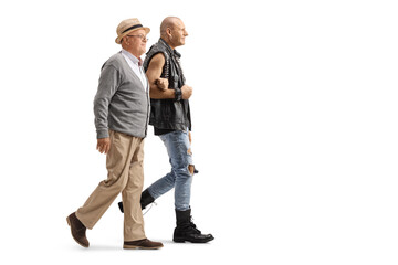 Poster - Full length profile shot of a punk holding an elderly man under arm and walking