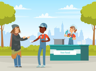 Sticker - Man Volunteer Giving Free Food to Homeless Woman Vector Illustration