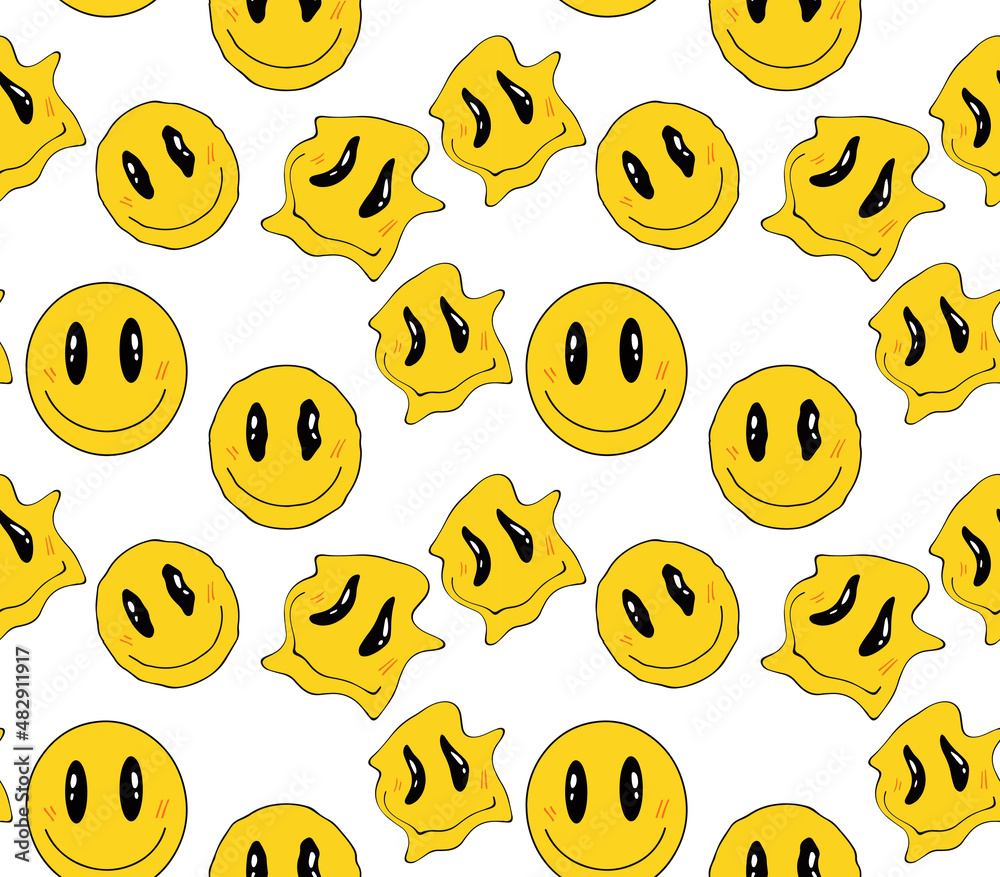 Seamless yellow distorted melting smiley face illustration pattern for  fabric, wallpaper or wrapping paper. Vector illustration Stock Vector |  Adobe Stock, image size:1000x877